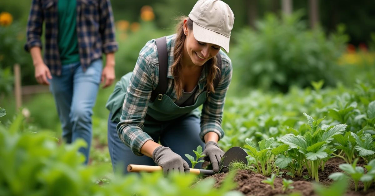 Mastering the Art of a Hoe Garden: Tips, Techniques, and Expert Advice 2 A gardener using a hoe in a vibrant vegetable garden.