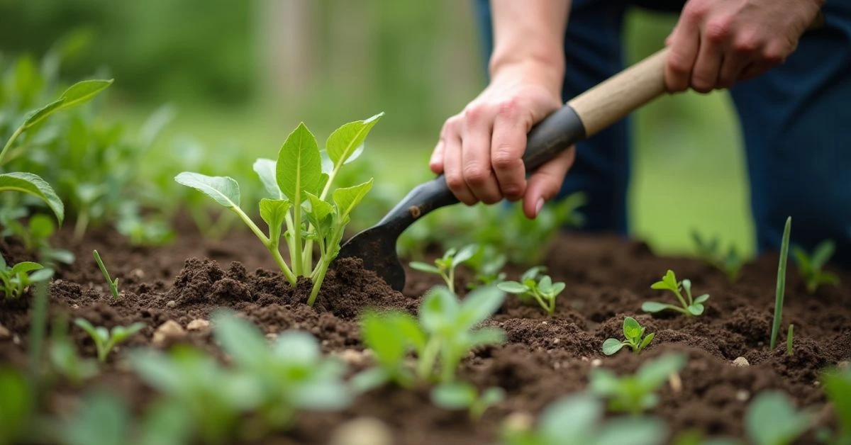 Mastering the Art of a Hoe Garden: Tips, Techniques, and Expert Advice 4 Weeds being removed with a hoe in a garden bed.