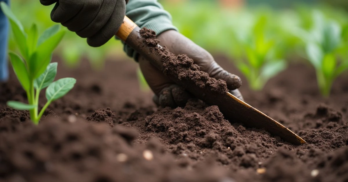 Mastering the Art of a Hoe Garden: Tips, Techniques, and Expert Advice 5 A gardener mixing compost into soil with a hoe