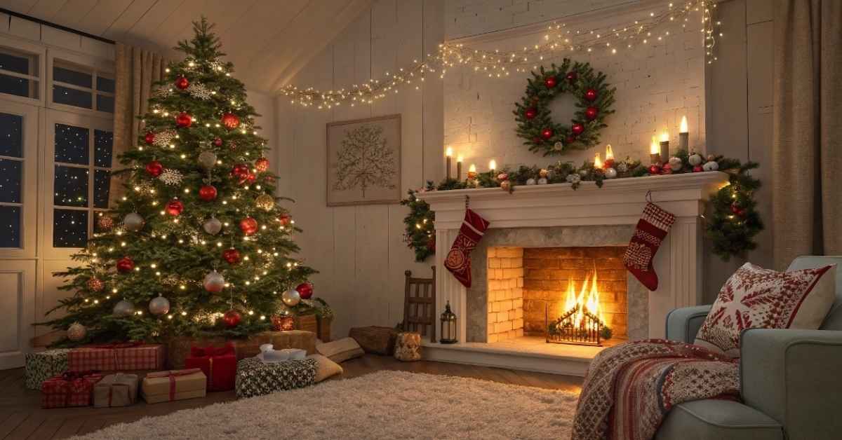 Festive home interior with Christmas tree, mantelpiece, and holiday lights