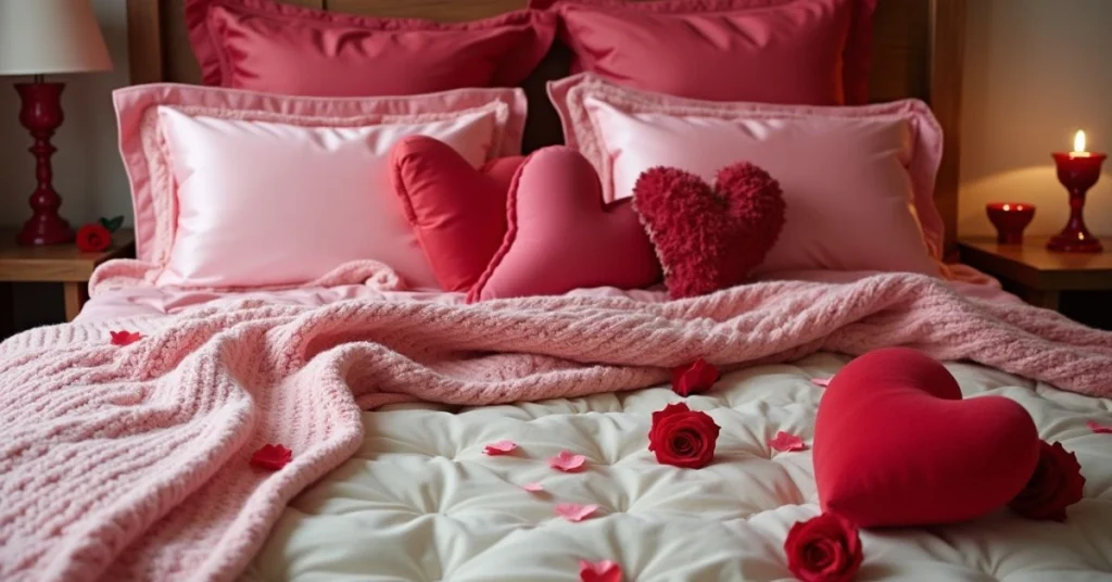 a bed with pink pillows and hearts on it