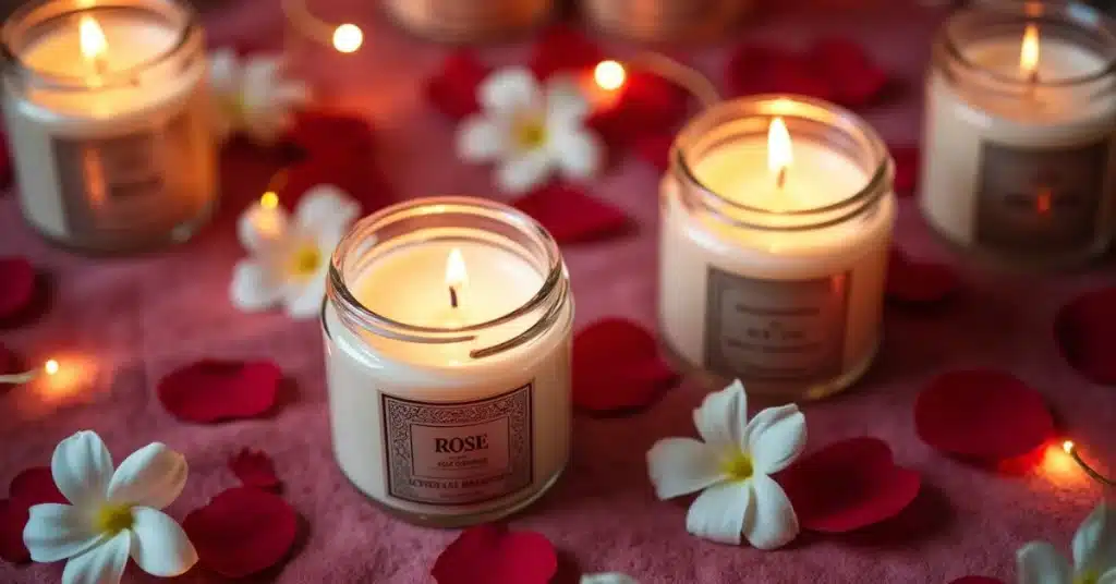 10 Romantic Valentine's Day Bedroom Decor Ideas to Transform Your Space 5 a close up flat lay of luxurious scented candles in elegant jars labeled with fragrances like rose