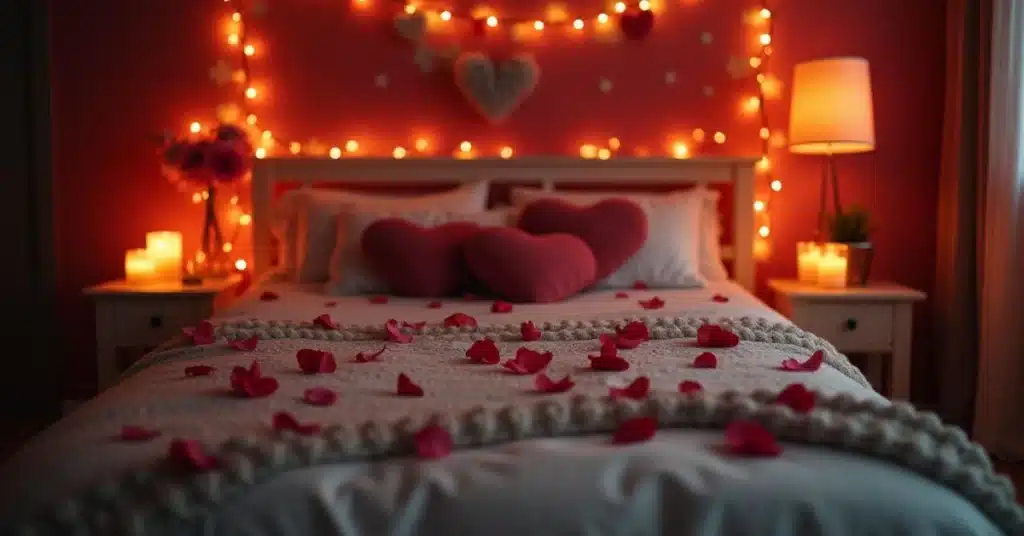10 Romantic Valentine's Day Bedroom Decor Ideas to Transform Your Space 2 a cozy romantic bedroom with dim lighting the bed is adorned with soft rose petals scattered on whi