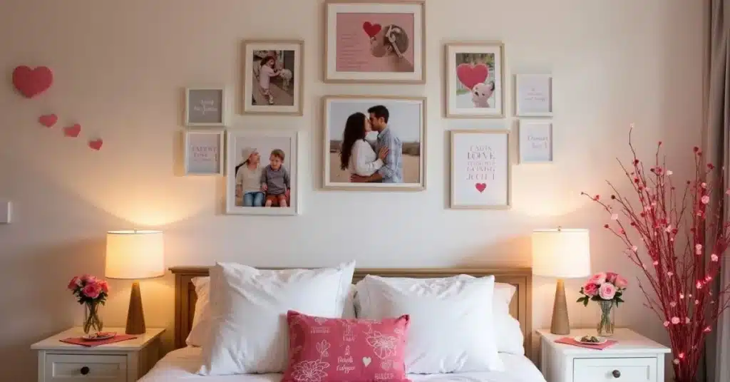 10 Romantic Valentine's Day Bedroom Decor Ideas to Transform Your Space 8 a bed with pictures on the wall Valentine's Day