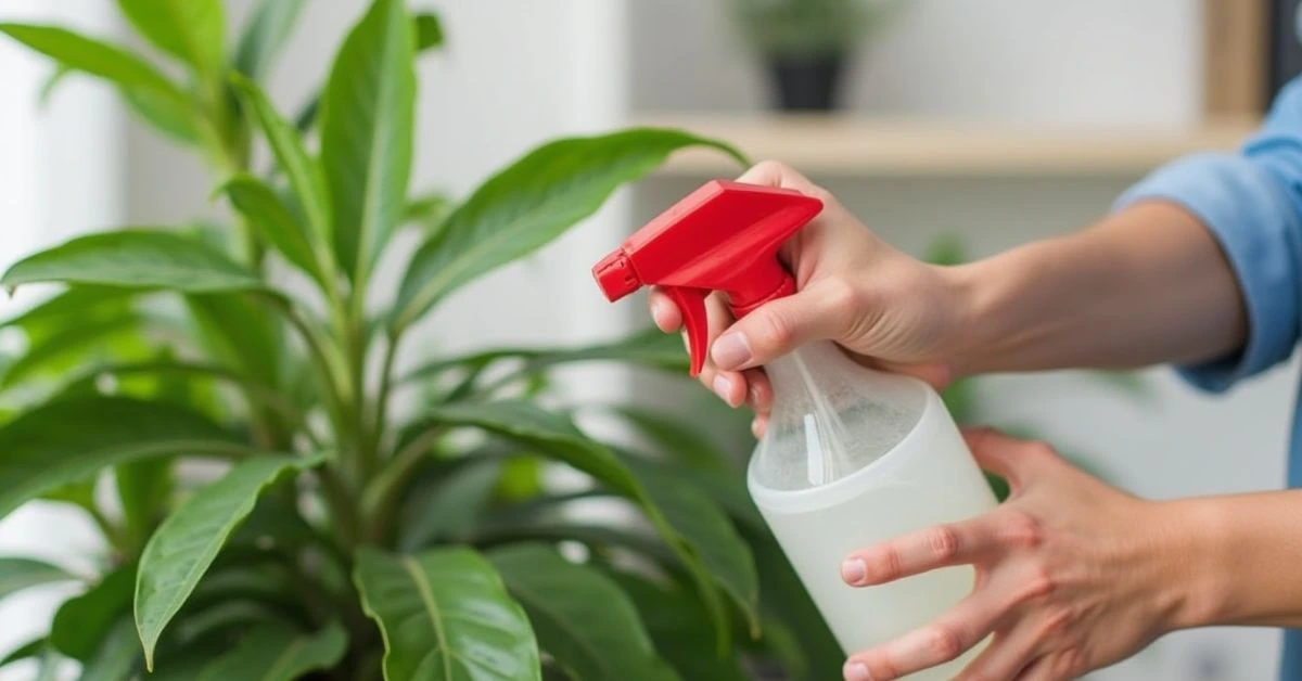 How to Manage Aphids on Houseplants: A Complete Guide to Prevention and Treatment 6 A person spraying homemade insecticidal soap on houseplant leaves with a spray bottle.