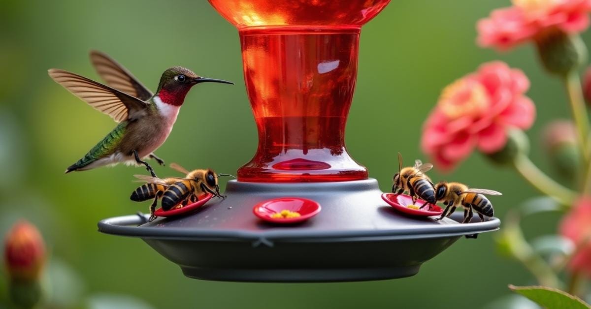 How to Keep Bees Away from Hummingbird Feeders: Simple and Humane Solutions 2 Hummingbird feeder surrounded by bees near blooming flowers.keep bees away from hummingbird feeders