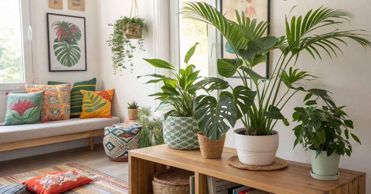 Various tropical houseplants in a modern home decor setting
