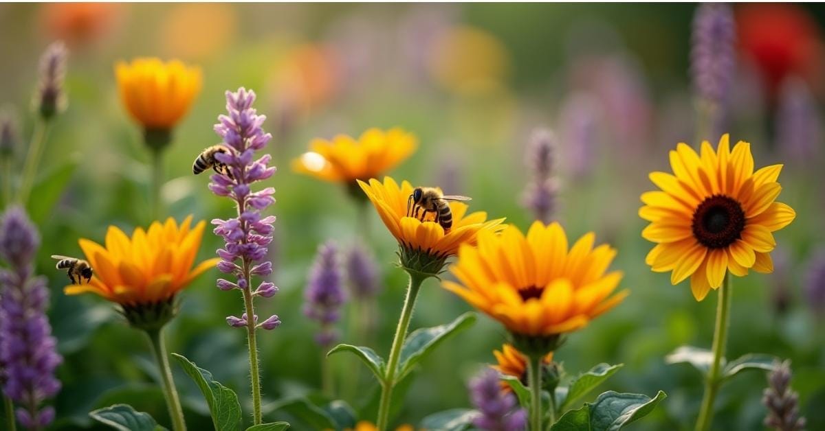 How to Keep Bees Away from Hummingbird Feeders: Simple and Humane Solutions 5 Flower garden with blooming flowers that attract bees.