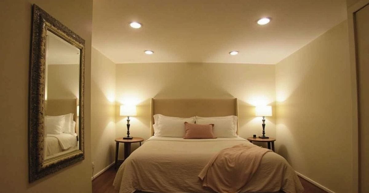 Transform Your Basement:10 Basement Bedroom Ideas You’ll Love 2 Basement bedroom with recessed lights and a floor lamp.