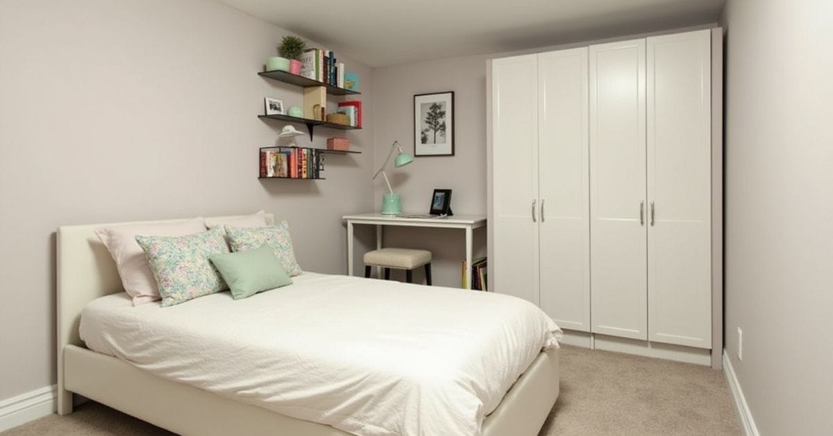 Transform Your Basement:10 Basement Bedroom Ideas You’ll Love 5 Space-saving basement bedroom with a Murphy bed and wall shelves.