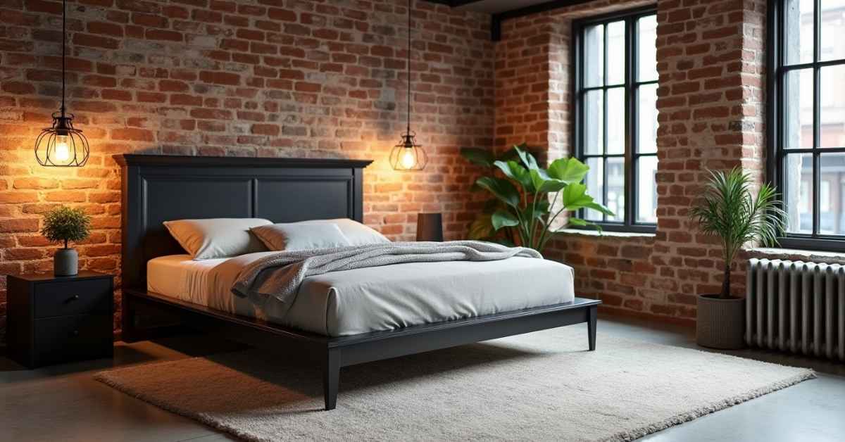 Transform Your Basement:10 Basement Bedroom Ideas You’ll Love 4 Industrial-style basement bedroom with exposed brick and sleek furniture.