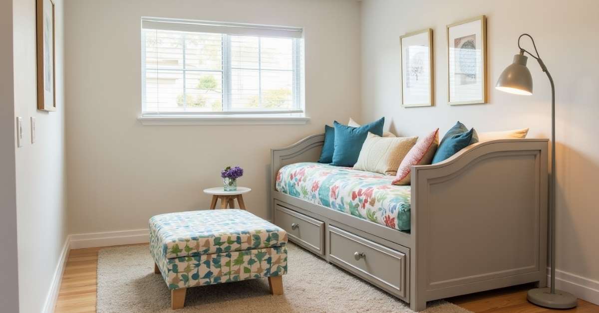 Transform Your Basement:10 Basement Bedroom Ideas You’ll Love 7 basement bedroom ideas with a daybed and ottoman storage.