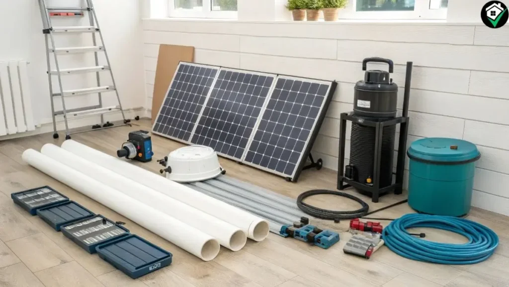DIY Pool Heater: 7 Simple Steps to Build Your Own Energy-Efficient Pool Heater (Save Money & Stay Warm) 4 Materials and tools needed for building a DIY pool heater, including PVC pipes, pump, and solar panels.