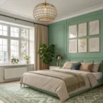 A stylish bedroom showcasing what color goes well with green in a bedroom